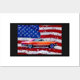 American 2 Door Coupe Classic Car with American Flag Posters and Art